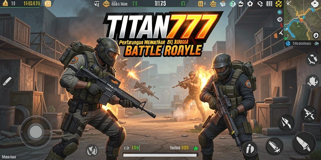 Tampilan gameplay menegangkan di TITAN777 dengan pertempuran intens Battle Royale.